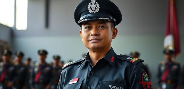 Perwira TNI di latar belakang militer.