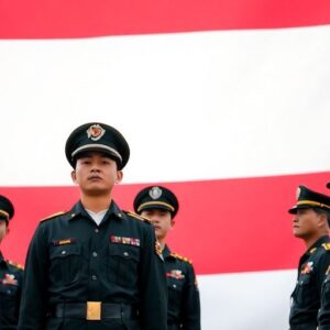 Perwira TNI berdiri tegak dengan bendera nasional di belakang.