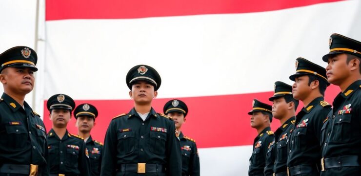 Perwira TNI berdiri tegak dengan bendera nasional di belakang.