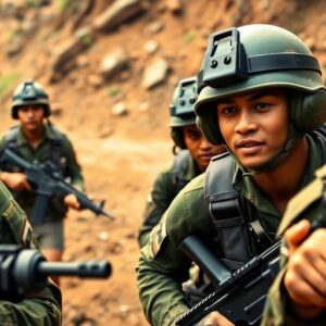 Prajurit Indonesia dalam aksi militer yang penuh semangat.