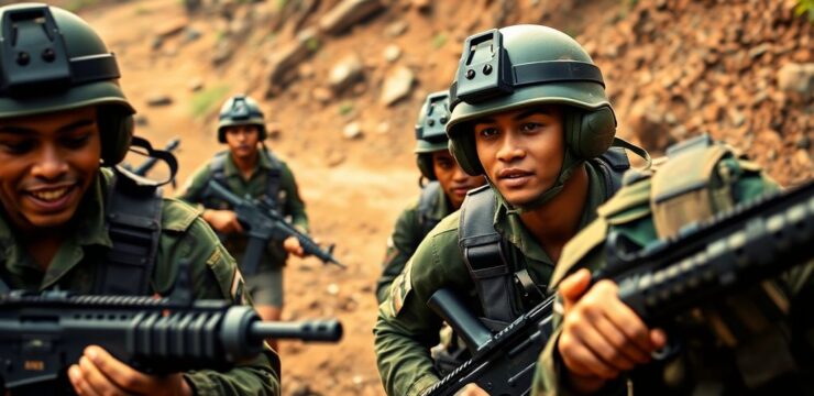 Prajurit Indonesia dalam aksi militer yang penuh semangat.