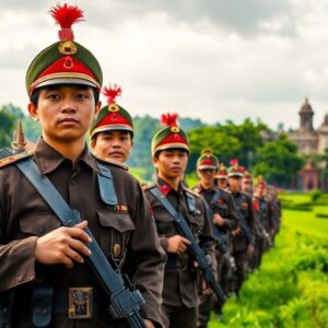 Pemandangan militer Indonesia dengan prajurit dan arsitektur.