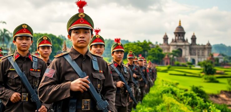 Pemandangan militer Indonesia dengan prajurit dan arsitektur.