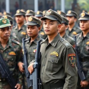 Anggota TNI dalam seragam, berlatih bersama di lapangan.