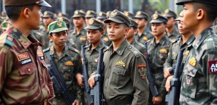 Anggota TNI dalam seragam, berlatih bersama di lapangan.